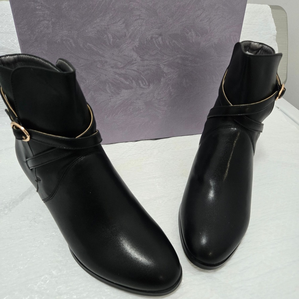Wayderns Black Leather Ankle Boots Kitten Heel Buckle Strap MF94665 US 6